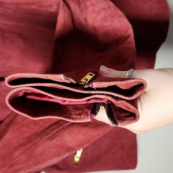 Live A Little Red Suede Jacket Leopard Lined Womens Medium Moto Jacket Bikercore - Picture 8 of 11